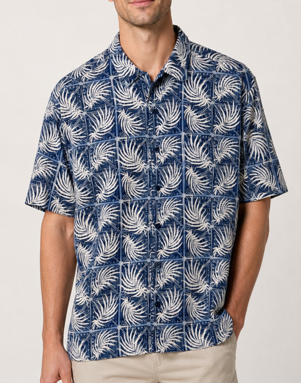 Nat Nast Mens XL Silk Cotton Hawaiian Shirt Blue White Palm Luxury Resort Summer